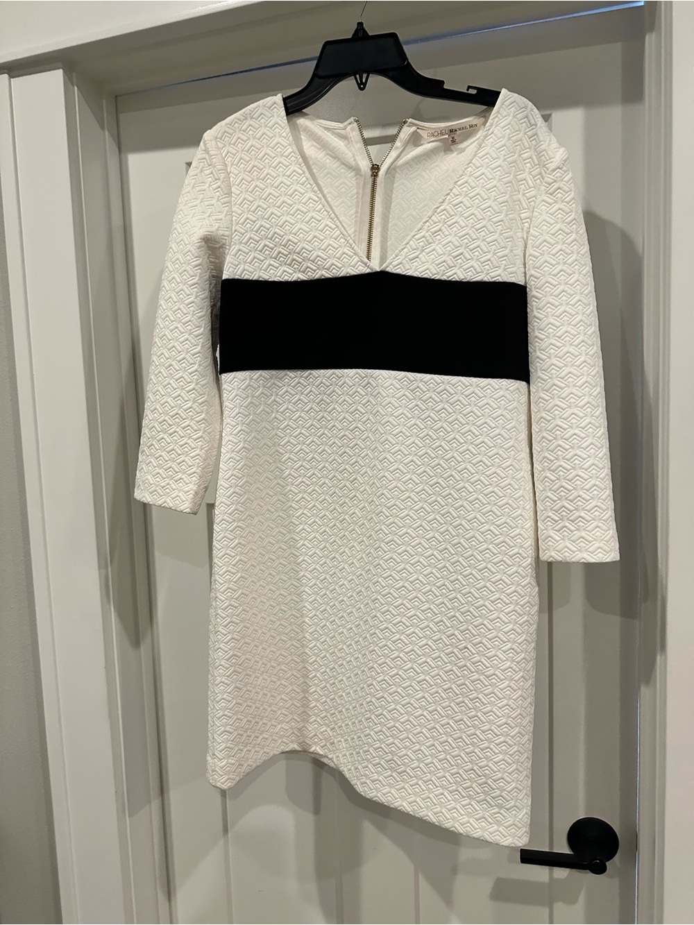 RACHEL Rachel Roy White Textured Long Sleeve Dress with Black Waistband
